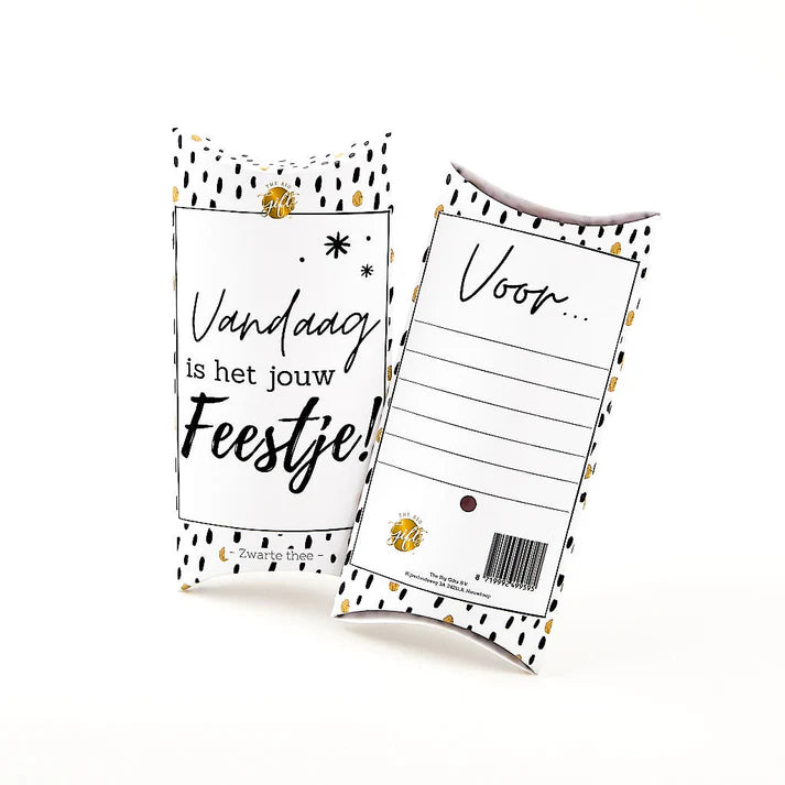 Cadeaudoosje Feestje met zwarte thee en feestelijke tekst - Liefs en Lintjes