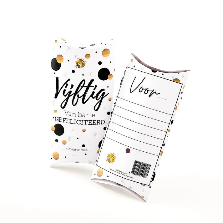 Cadeaudoosje Vijftig met zwarte thee en feestelijk stippenmotief - Liefs en Lintjes