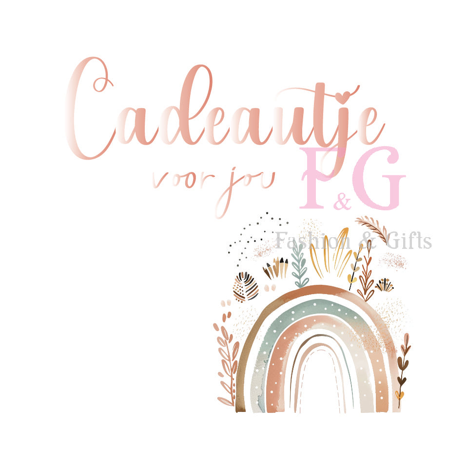 Vierkant cadeaukaartje met pastel regenboog en koperfolie opdruk Cadeautje voor jou, verkrijgbaar bij Liefs en Lintjes.