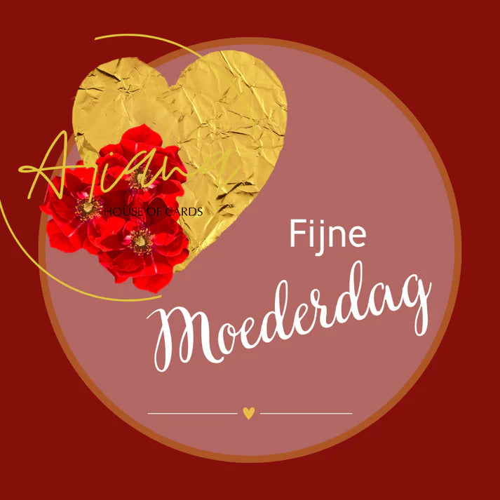 Vierkant cadeaukaartje Fijne Moederdag met goud hart en bloemen van Ariana House of Cards - Liefs en Lintjes.