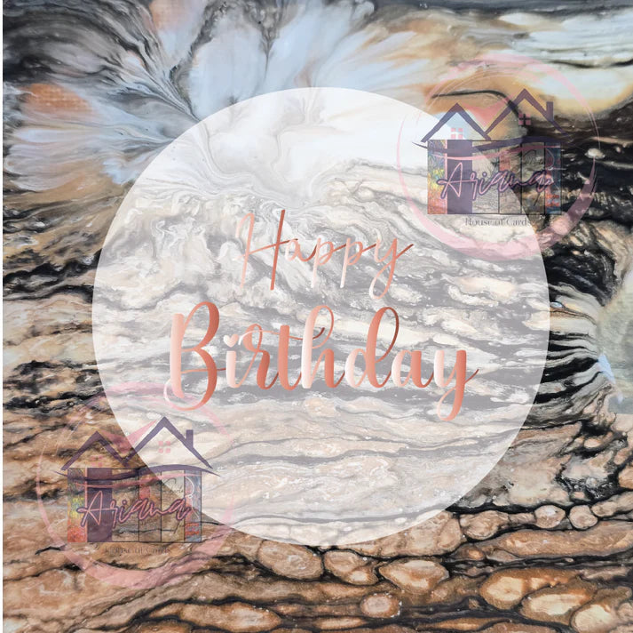 Vierkant cadeaukaartje met abstracte kunst en koperfolie tekst Happy Birthday, ontworpen door Ariana House of Cards, verkrijgbaar bij Liefs en Lintjes.