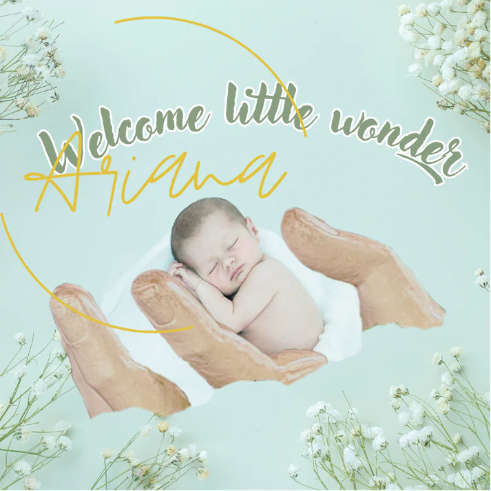 Vierkant cadeaukaartje Welcome Little Wonder met baby en bloemen van Ariana House of Cards - Liefs en Lintjes.