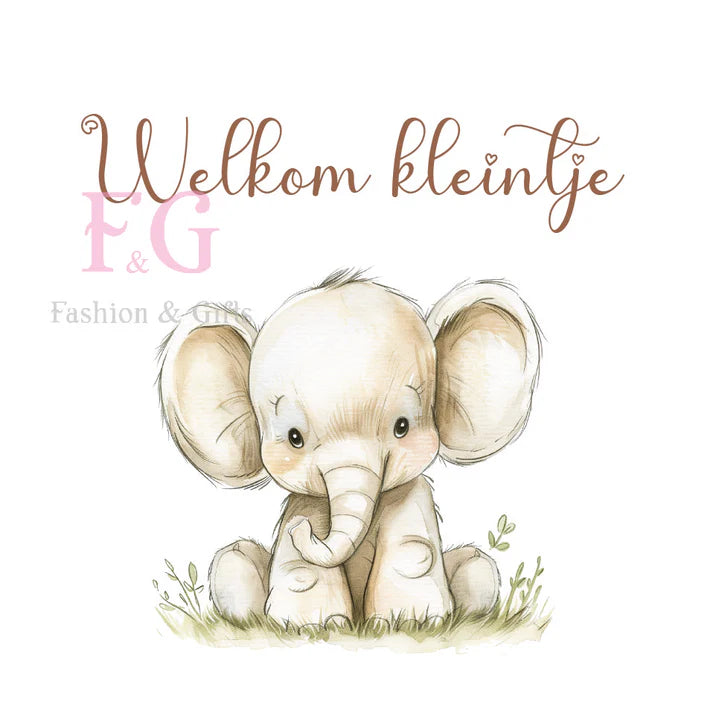 Vierkant cadeaukaartje met lieve olifantillustratie en tekst 'Welkom kleintje', blanco achterzijde - Liefs en Lintjes.