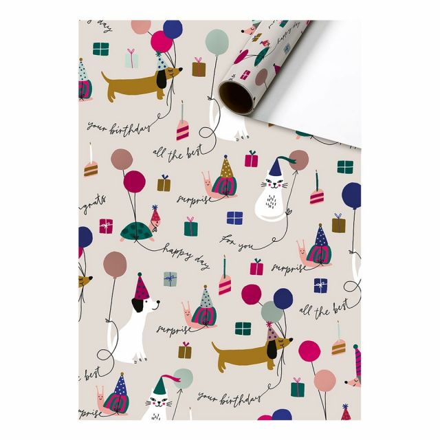 Cadeaupapier 70 cm – Feestende Viervoeters met honden, ballonnen en cadeautjes op beige achtergrond – Liefs en Lintjes