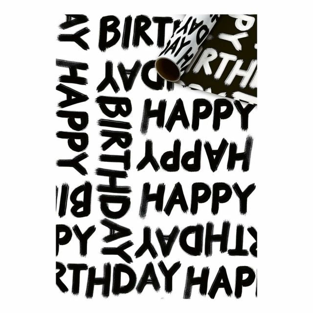 Cadeaupapier 70 cm – Happy Birthday Bold Zwart/Wit met handgeschilderde typografie op witte achtergrond – Liefs en Lintjes