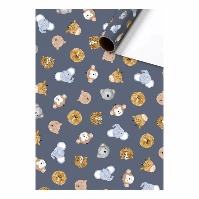 Cadeaupapier 70 cm – Jungle Kopjes Donkerblauw met dierengezichten op een donkerblauwe achtergrond – Liefs en Lintjes