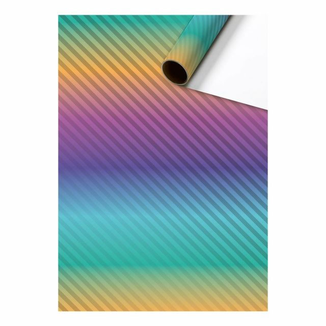 Cadeaupapier 70 cm – Rainbow Glow met glanzende diagonale regenboogstrepen op verloop achtergrond – Liefs en Lintjes