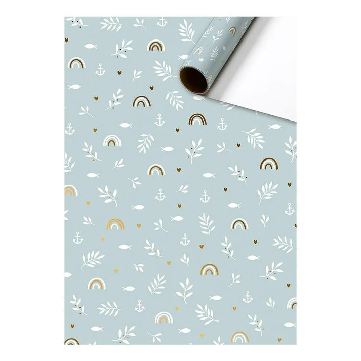 Cadeaupapier 70 cm – Regenboogjes Lichtblauw met vrolijke regenboogjes op blauwe achtergrond – Liefs en Lintjes