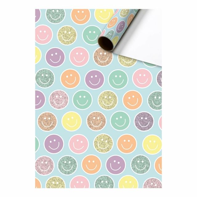 Cadeaupapier 70 cm – Smiley Faces Pastel met gekleurde smiley’s en glittereffect op blauwgroene achtergrond – Liefs en Lintjes