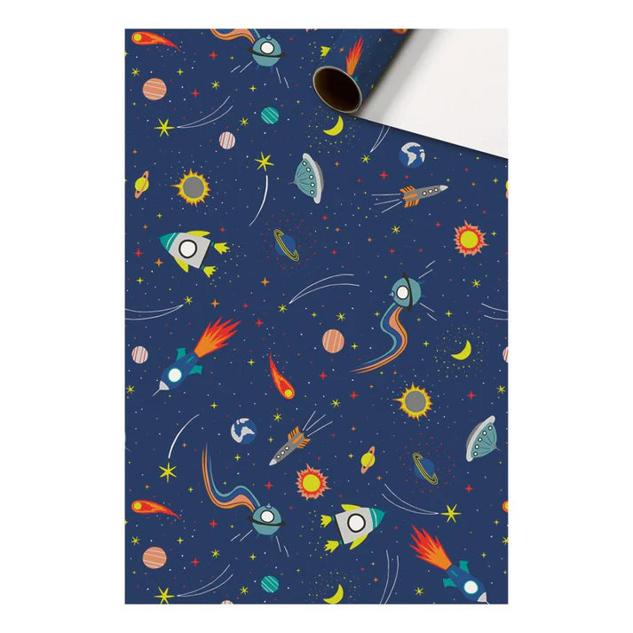 Cadeaupapier 70 cm – Space met sterren, raketten en planeten op donkerblauwe achtergrond – Liefs en Lintjes