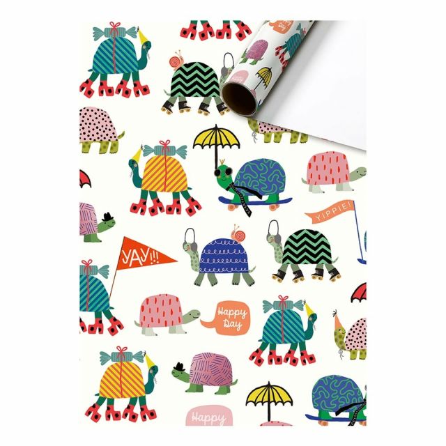 Cadeaupapier 70 cm – Vrolijke Schildpadden met feestelijke schildpadden op witte achtergrond – Liefs en Lintjes