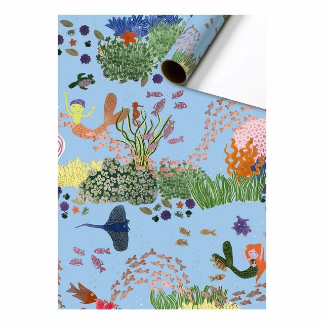 Cadeaupapier 70 cm – Zeemeerminnen & Oceaanleven met kleurrijke onderwaterwereld op lichtblauwe achtergrond – Liefs en Lintjes