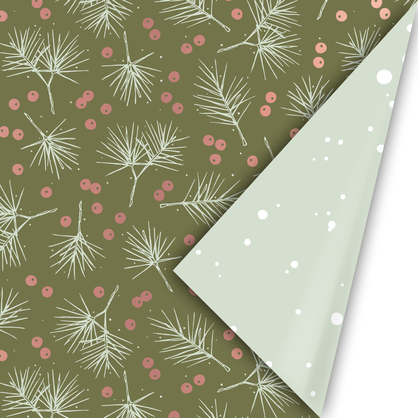 Cadeaupapier Berries & Branches Groen dubbelzijdig kerst takjes besjes mint 50 cm – Liefs en Lintjes