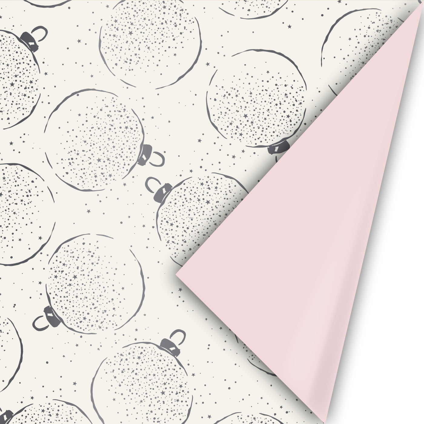 Dubbelzijdig cadeaupapier met kerstballenprint in grijstinten en zandkleurige binnenzijde Liefs en Lintjes