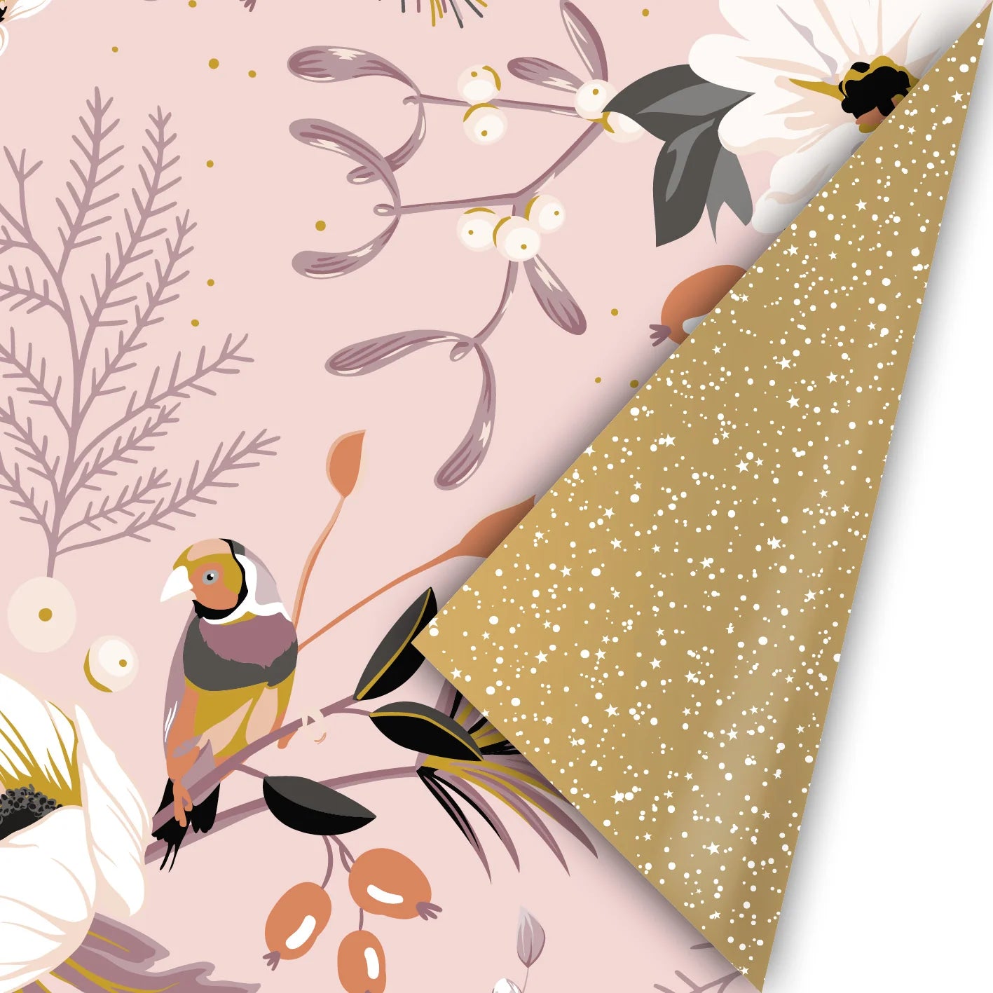 Dubbelzijdig cadeaupapier met vintage kerstillustratie in roze en goudkleurige sterrenprint Liefs en Lintjes
