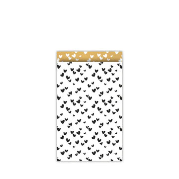 Cadeauzakje maat M (12x19 cm) met Solo Hearts patroon in zwart-wit met gouden binnenzijde – Liefs en Lintjes