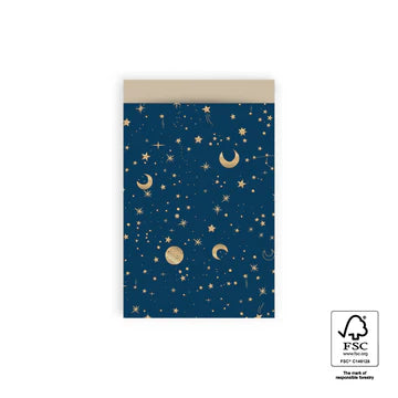 Cadeauzakje maat M (12x19 cm) met sterren, manen en planeten in goud op blauwe achtergrond – Liefs en Lintjes