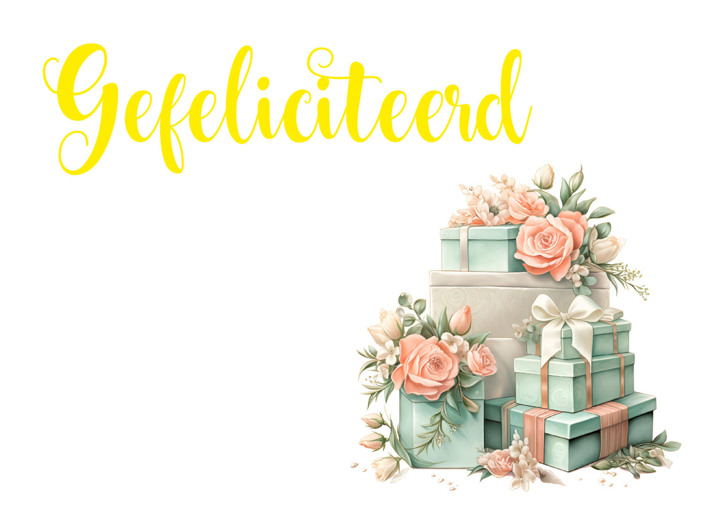 Kaart met cadeautjes, bloemen en goudfolie tekst Gefeliciteerd – Liefs en Lintjes