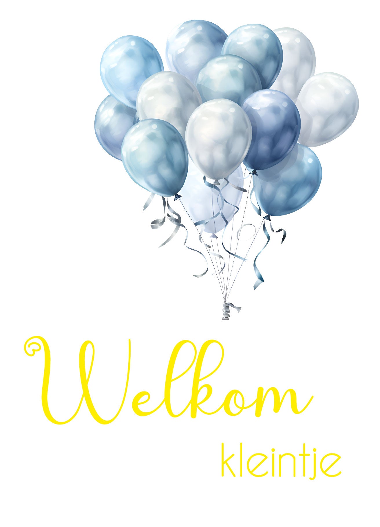 Geboortekaartje met blauwe en witte ballonnen en goudfolie tekst “Welkom kleintje” – Liefs en Lintjes