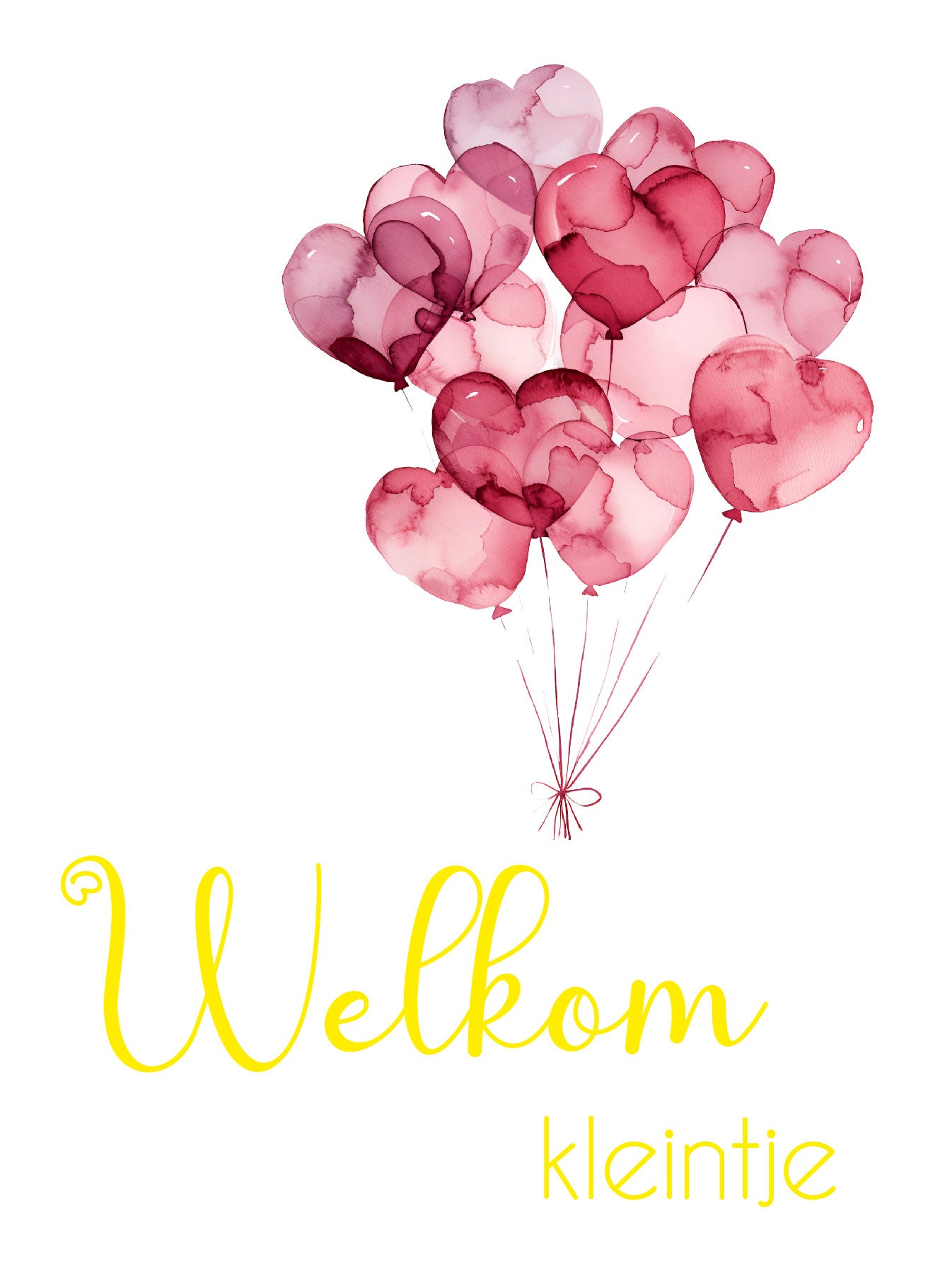 Geboortekaartje met hartvormige ballonnen in rood/roze en goudfolie tekst “Welkom kleintje” – Liefs en Lintjes