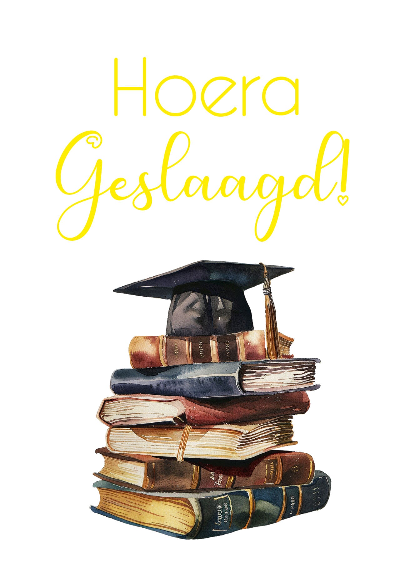 Kaart met goudfolie tekst “Hoera geslaagd” en illustratie van boeken en afstudeerhoed – Liefs en Lintjes