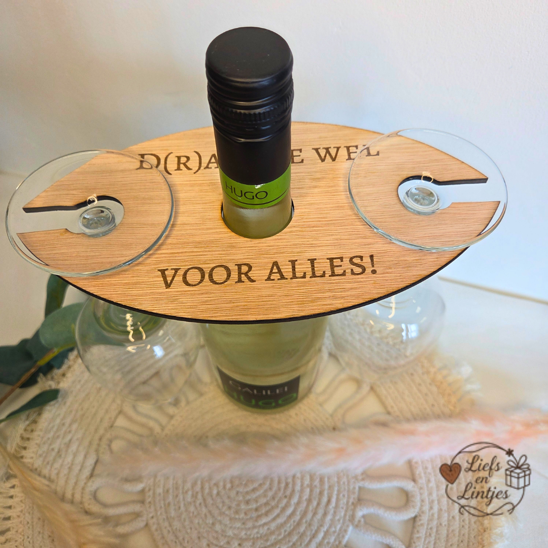 Houten wijnglashouder D(r)ank je wel voor alles! voor wijncadeau – Liefs en Lintjes