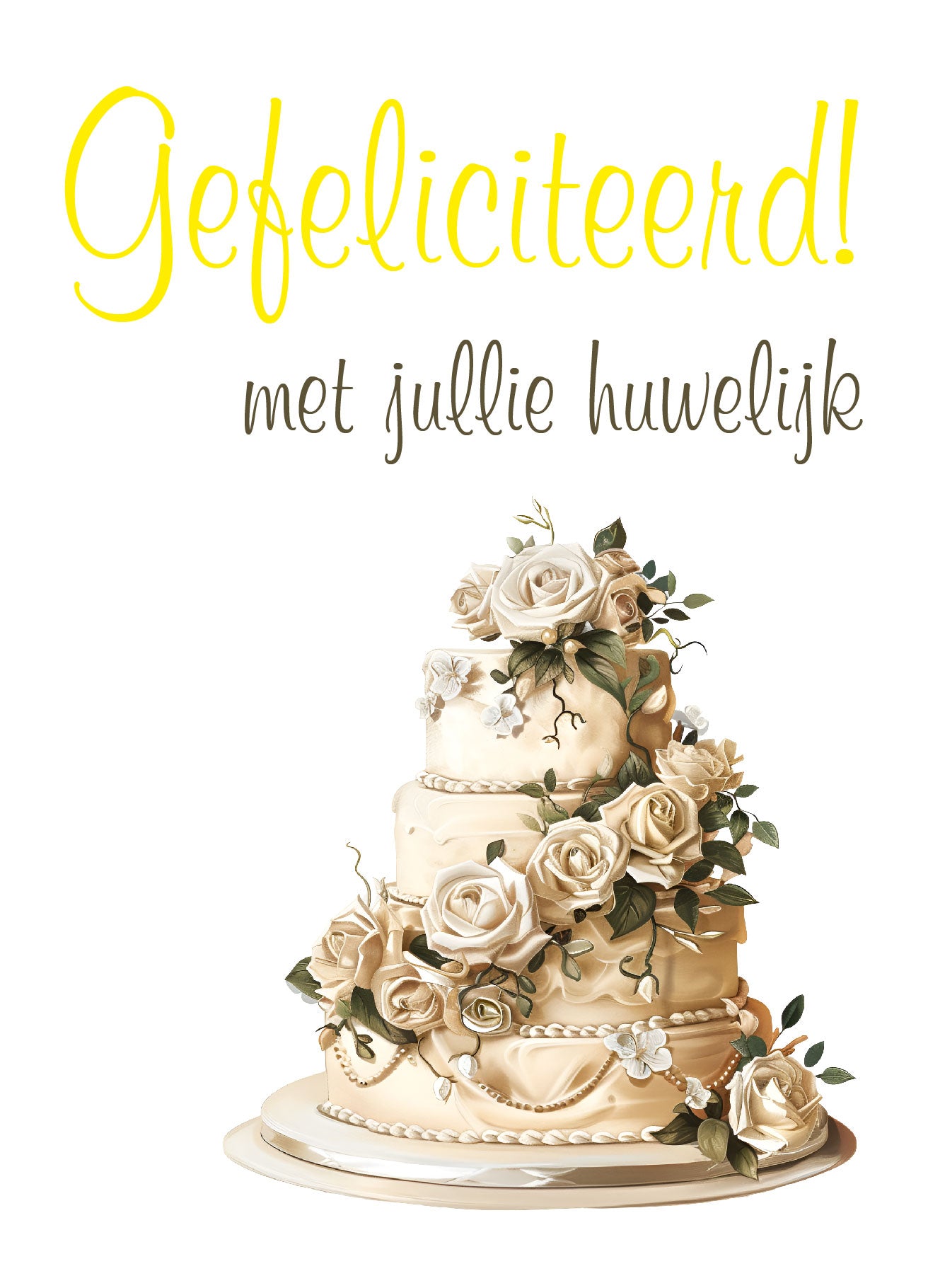 Huwelijkskaart met bruidstaart en goudfolie tekst “Gefeliciteerd met jullie huwelijk” – Liefs en Lintjes