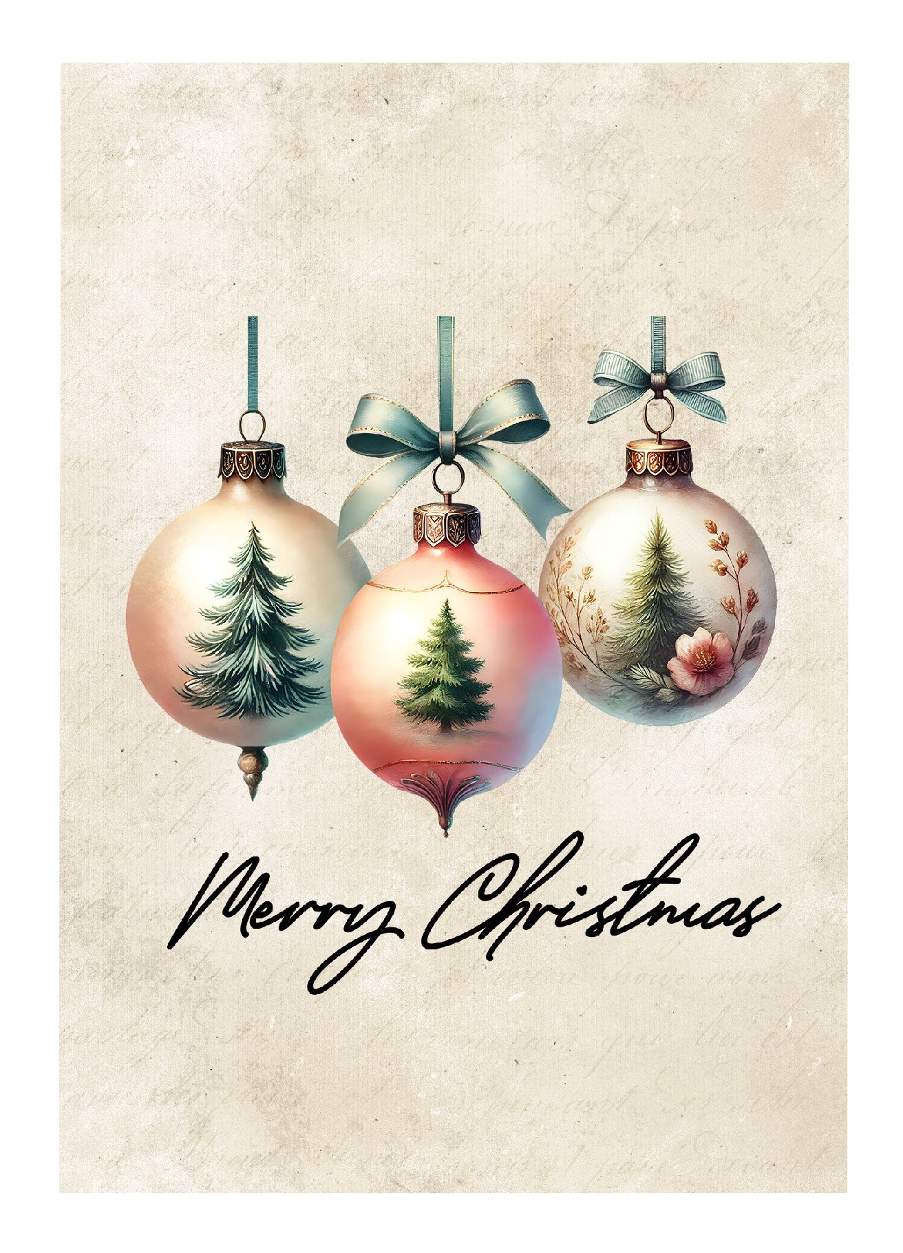 Kaart Merry Christmas Kerstballen met Strik – kerstkaart met drie kerstballen en strikken in aquarelstijl, Liefs en Lintjes