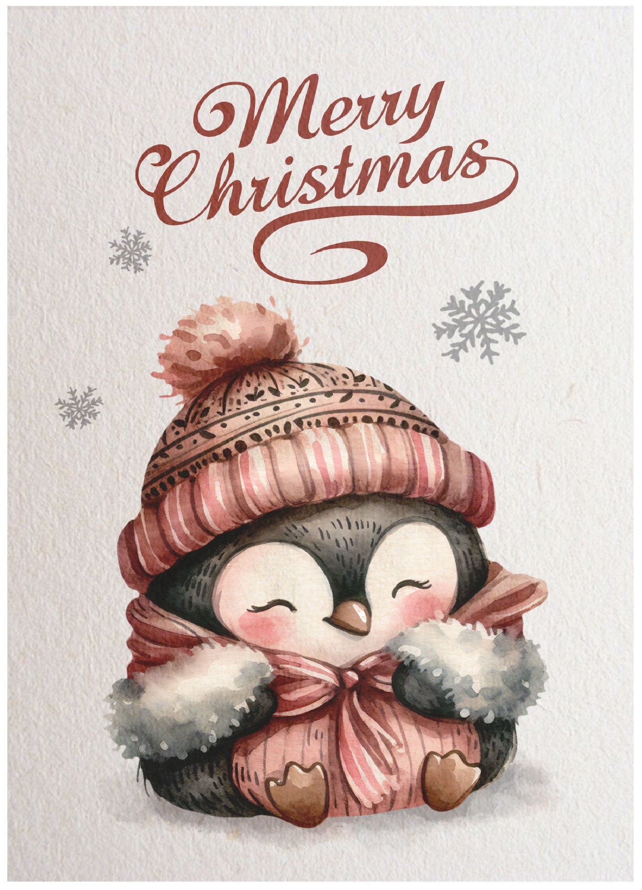 Kerstkaart Merry Christmas Pinguïn met Roze Muts – lieve pinguïn met roze wintermuts en sneeuwvlokken, Liefs en Lintjes
