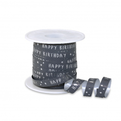 Krullint met Happy Birthday-opdruk in antraciet met zilver, 10 mm – 5 meter – Liefs en Lintjes