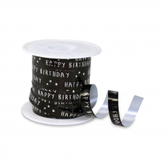 Krullint met Happy Birthday-opdruk in zwart met zilver, 10 mm – 5 meter – Liefs en Lintjes