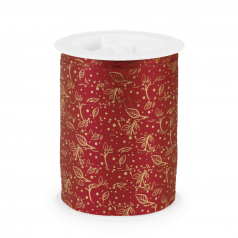 Krullint in bordeaux met gouden bladerenprint, 10 mm breed – 5 meter lang – Liefs en Lintjes