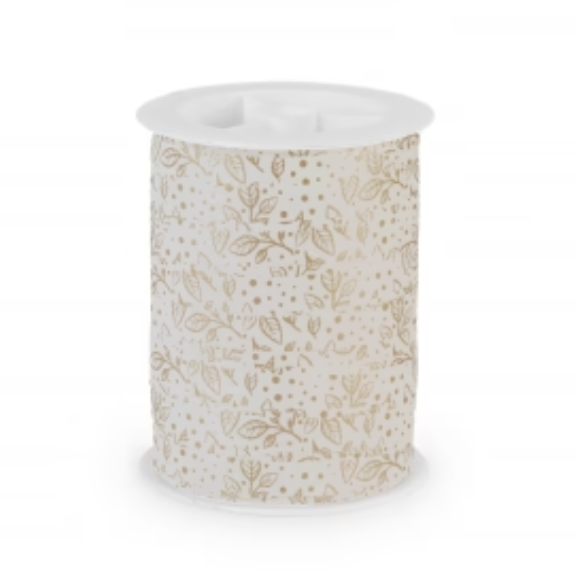 Krullint in wit met gouden bladerenprint, 10 mm breed – 5 meter lang – Liefs en Lintjes
