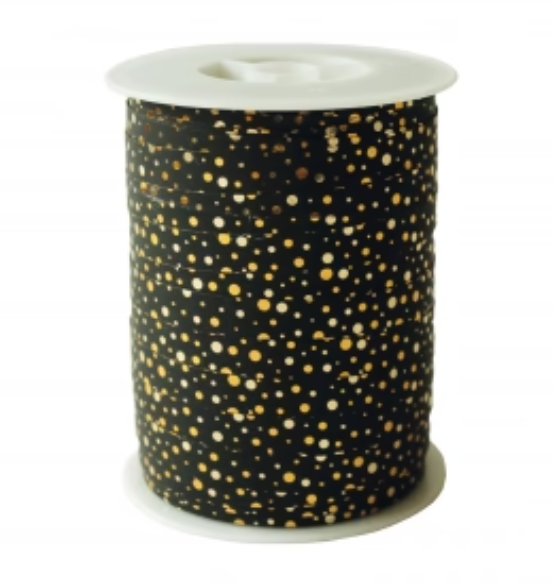 Krullint zwart met gouden stippen, 10 mm breed – 5 meter lang – Liefs en Lintjes