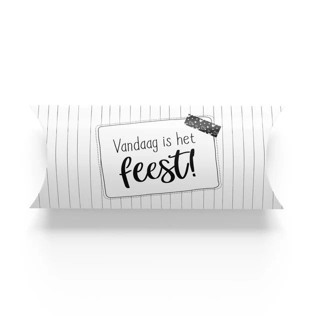 Langwerpig zwart-wit gondeldoosje met tekst βVandaag is het feest!β β Liefs en Lintjes