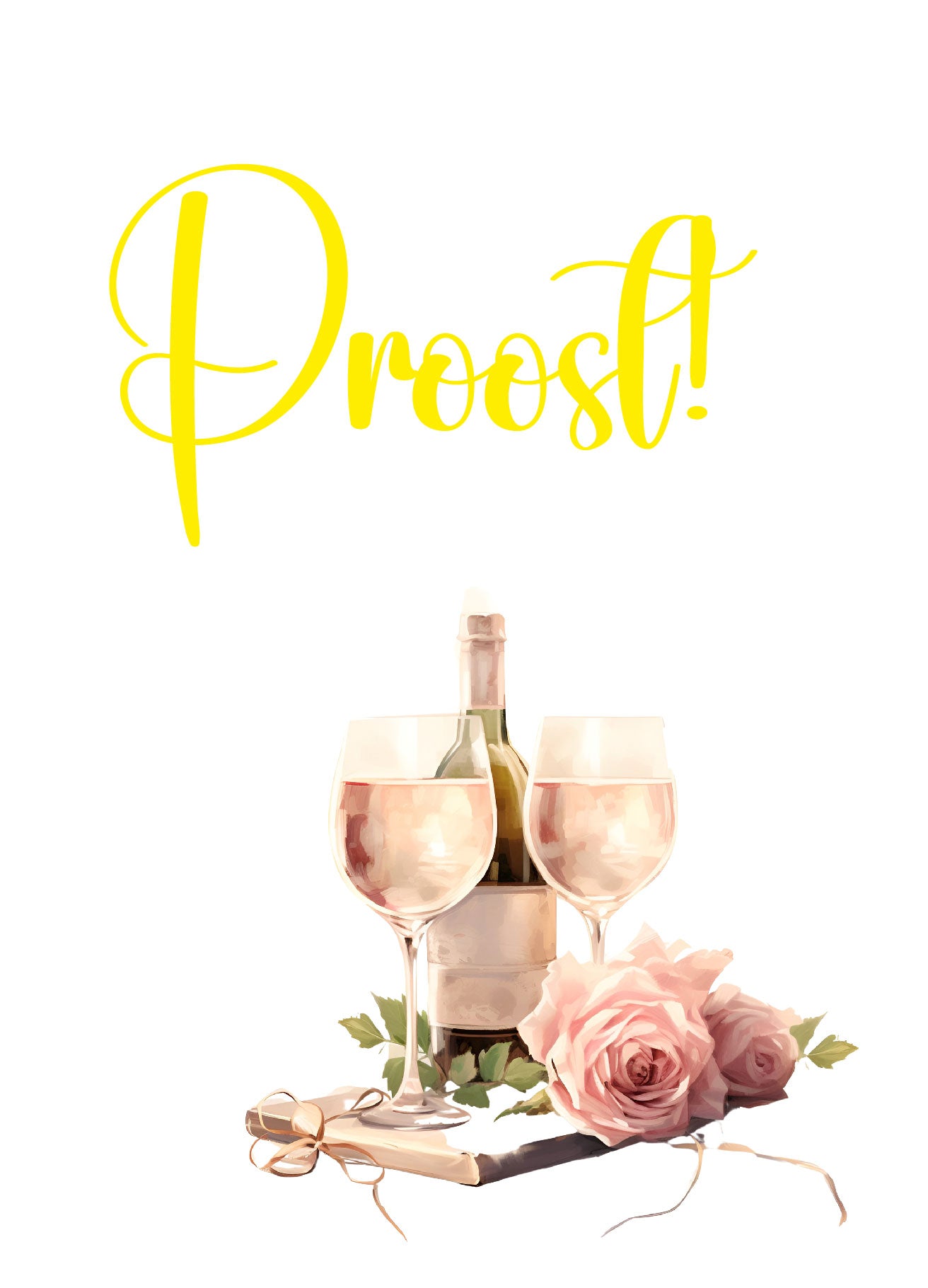 Kaart met goudfolie tekst “Proost” en illustratie van rosé wijn en rozen – Liefs en Lintjes
