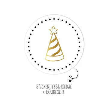 Sticker Feesthoedje met Goudfolie (45mm) – Liefs en Lintjes