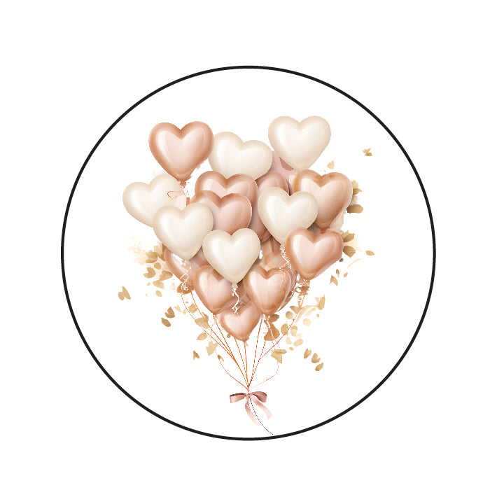 Ronde sticker met illustratie van roze en crème hartjesballonnen met strikje – Liefs en Lintjes