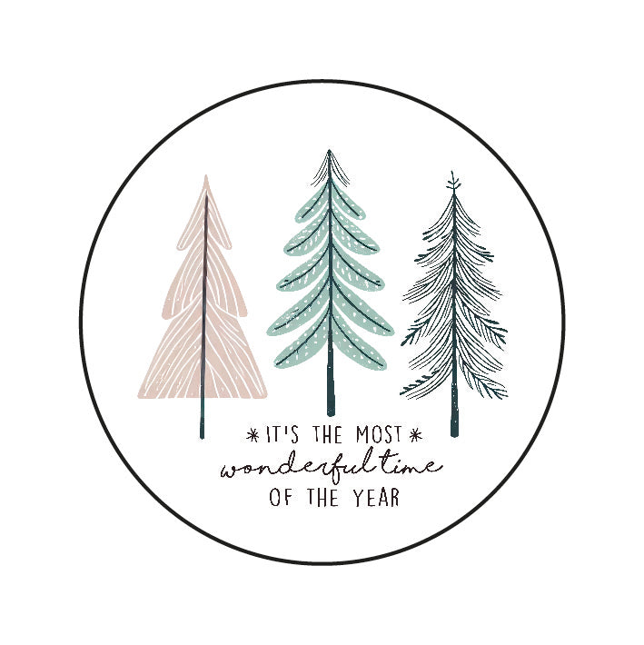 Stickers Kerstbomen Wonderful Time – ronde kerststickers met drie kerstbomen en tekst in Scandinavische stijl, Liefs en Lintjes