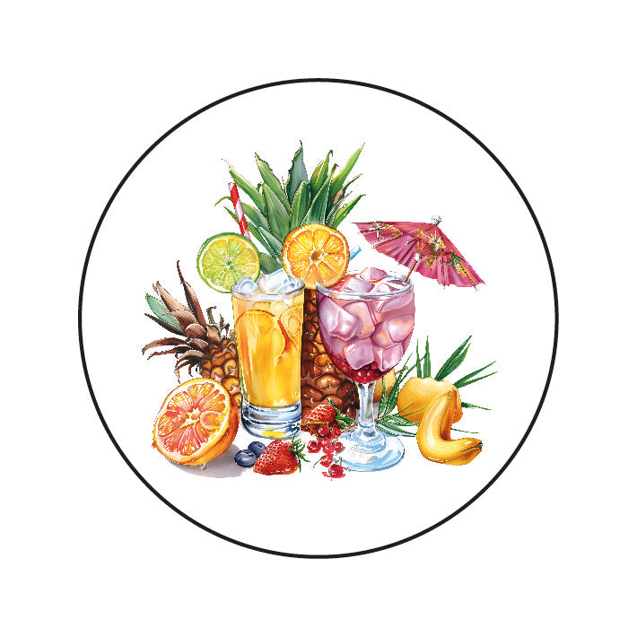 Ronde sticker met aquarelillustratie van kleurrijke tropische cocktails en fruit โ Liefs en Lintjes