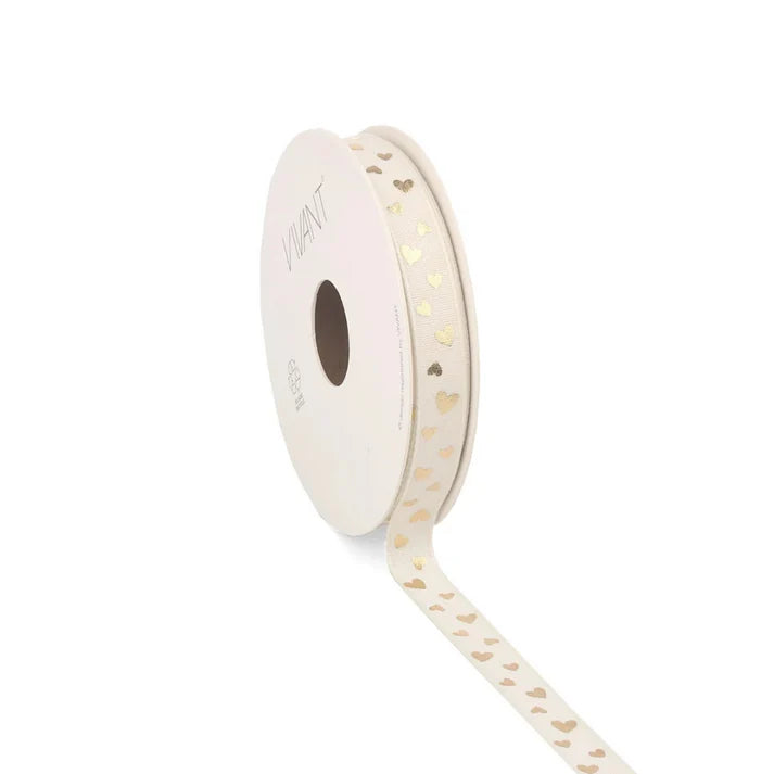Stoffen lint crème met gouden hartjes – 12 mm breed – per meter – Liefs en Lintjes