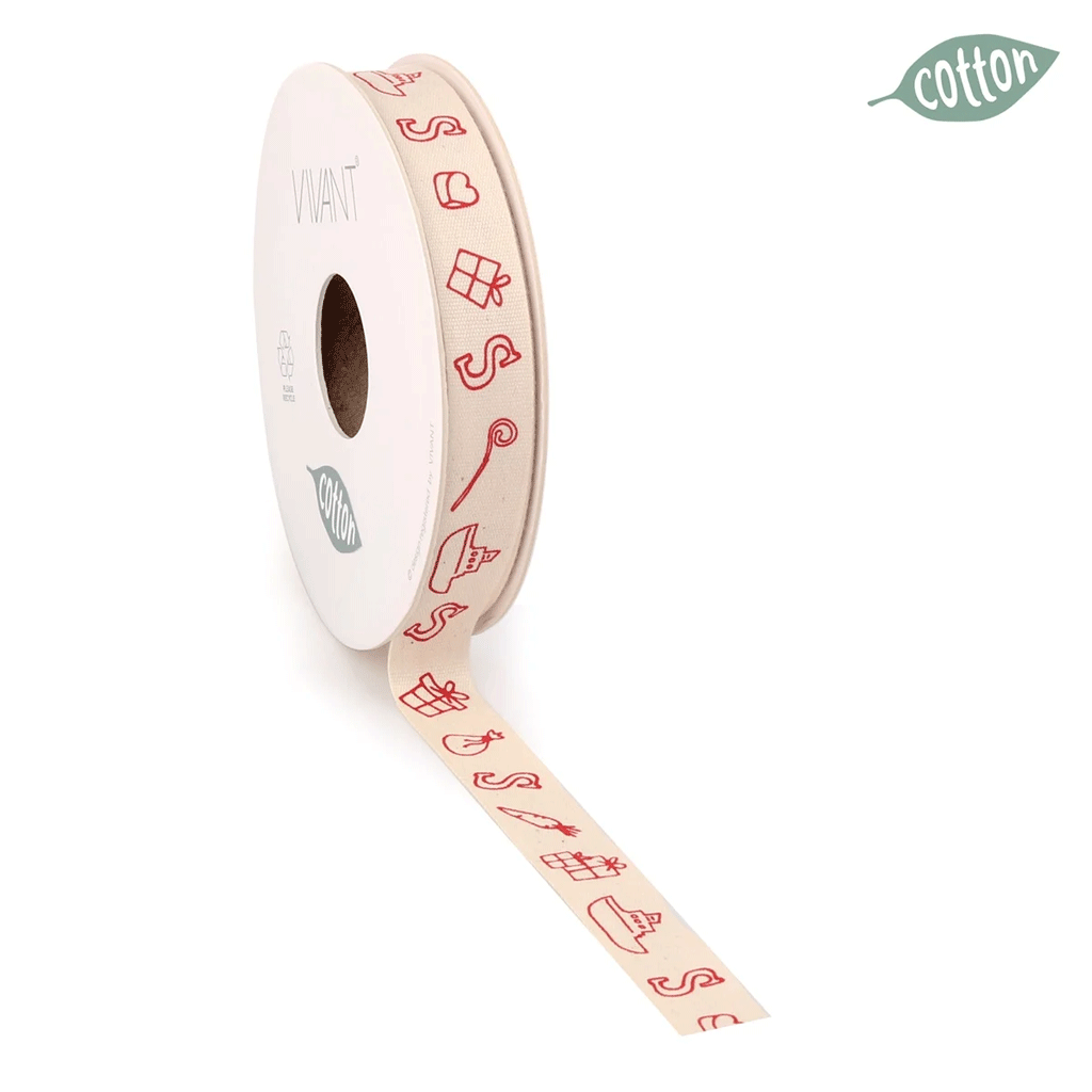 Stoffen lint crème met rode Sinterklaasprint 15 mm – Liefs en Lintjes