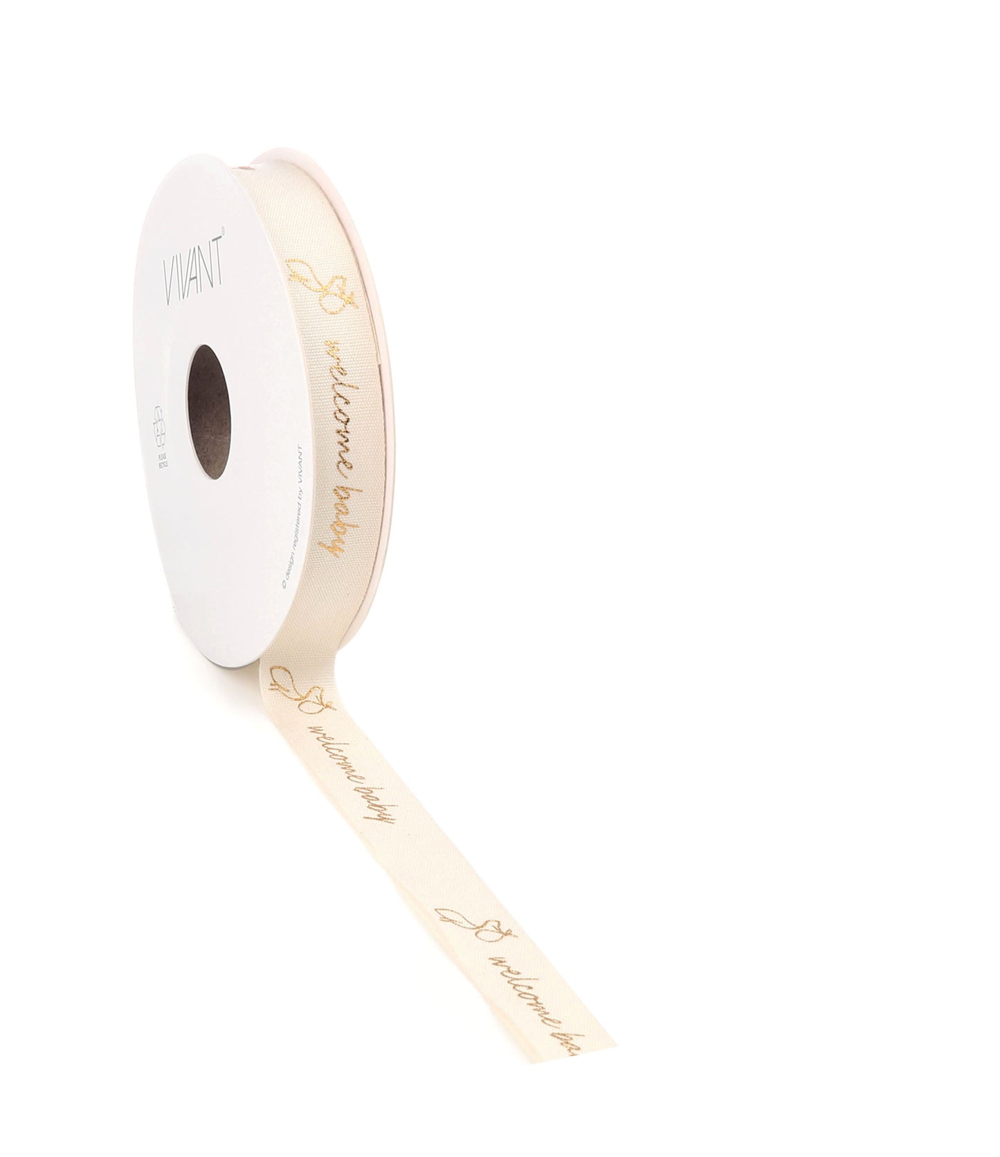 Stoffen lint crème met gouden welcome baby tekst – 15 mm – per meter – Liefs en Lintjes