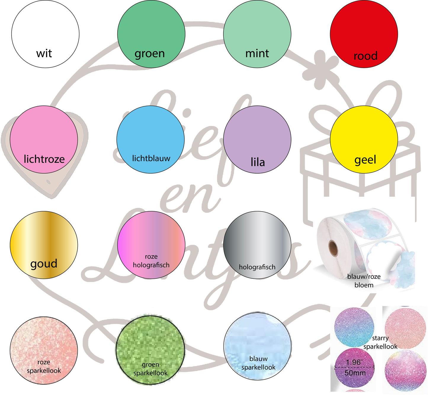 Kleurenkaart voor traktatiestickers – 16 kleurenopties waaronder wit, roze, holografisch en sparkellook – Liefs en Lintjes