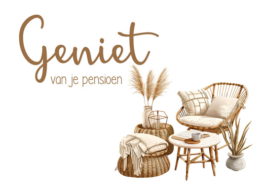 Wenskaart Geniet van je pensioen met zithoek illustratie – Liefs en Lintjes