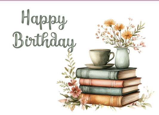 A6 kaart Happy Birthday met boeken, bloemen en theekopje – Liefs en Lintjes