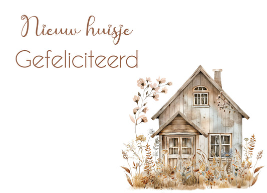 Kaart met tekst Nieuw huisje gefeliciteerd en houten huis illustratie – Liefs en Lintjes