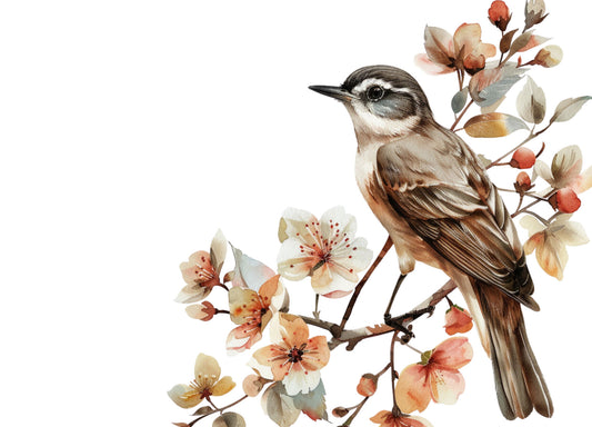 Kaart met vogel op bloesemtak in aquarel – Liefs en Lintjes