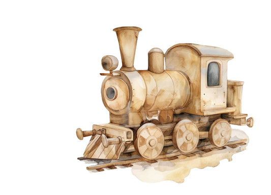 A6 kaart met aquarel van houten speelgoedtrein – Liefs en Lintjes