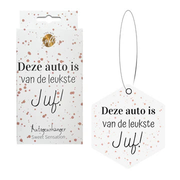 Autogeurhanger Juf met roségouden spetters en Sweet Sensation geur - Liefs en Lintjes